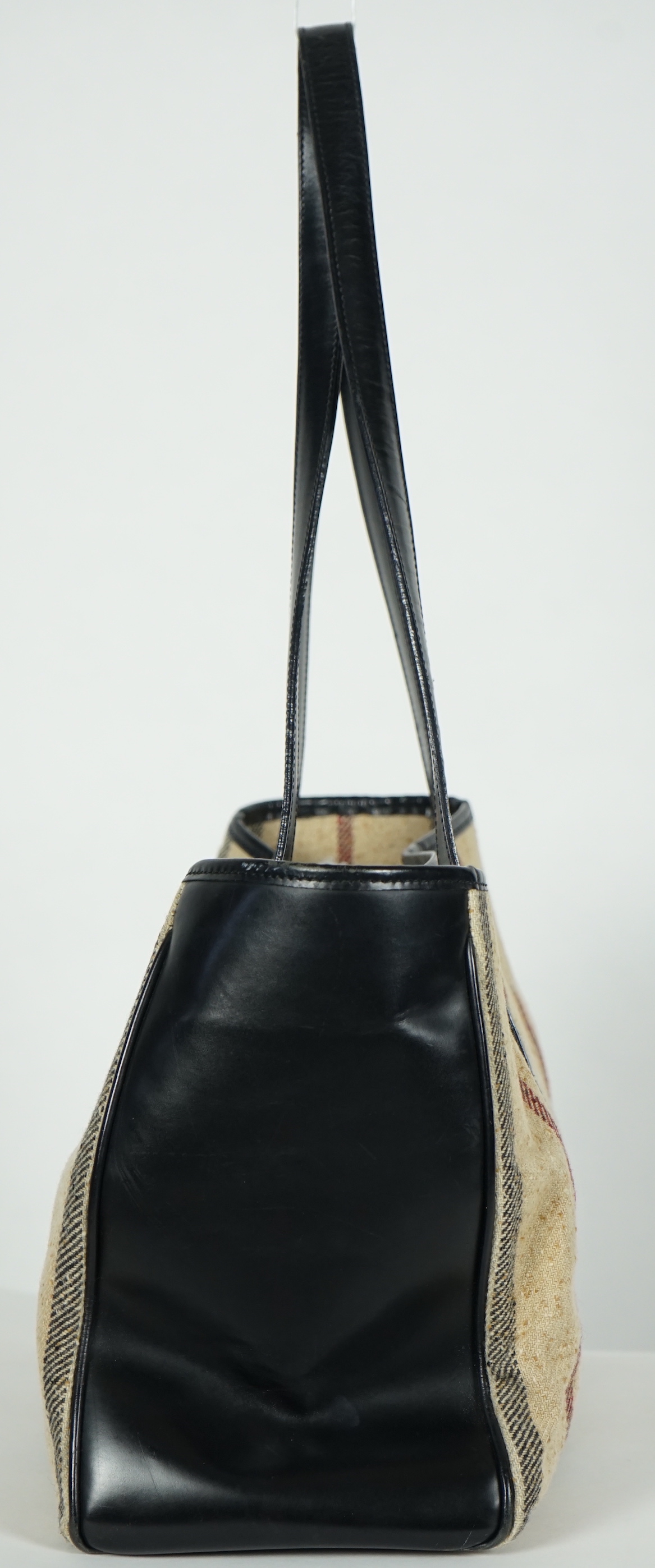 A Burberry fabric and black leather shopper, width 40cm, height 25cm, height overall 56cm, depth 17cm